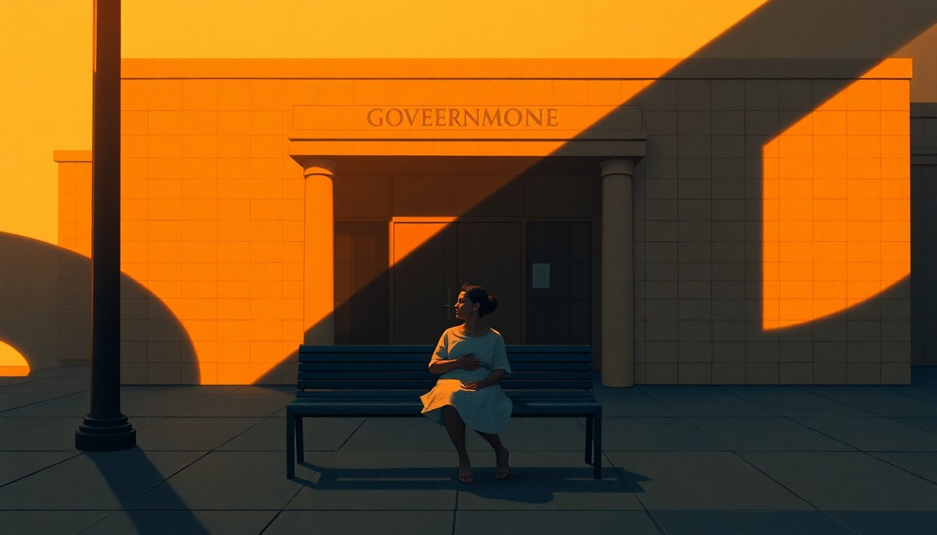 A solitary migrant woman sits on a bench outside a government building, the warm light and deep shadows creating a pensive, cinematic mood that reflects the anguish of family separation.