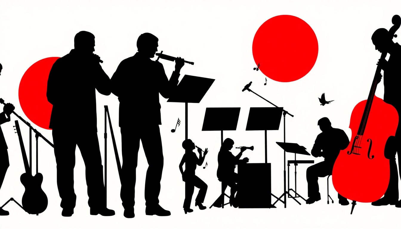 A minimalist, abstract illustration using bold black shapes and high-contrast colors to represent the various musical elements of the Aspen Music Festival, without any text or identifiable objects.