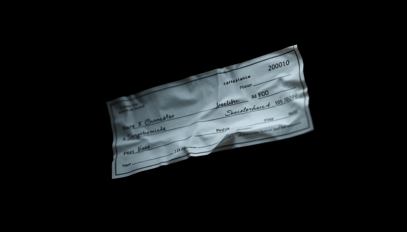 An extreme close-up photograph of a crumpled, partially washed check, with the ink faded and the details obscured, conveying the gritty, investigative nature of the crime.
