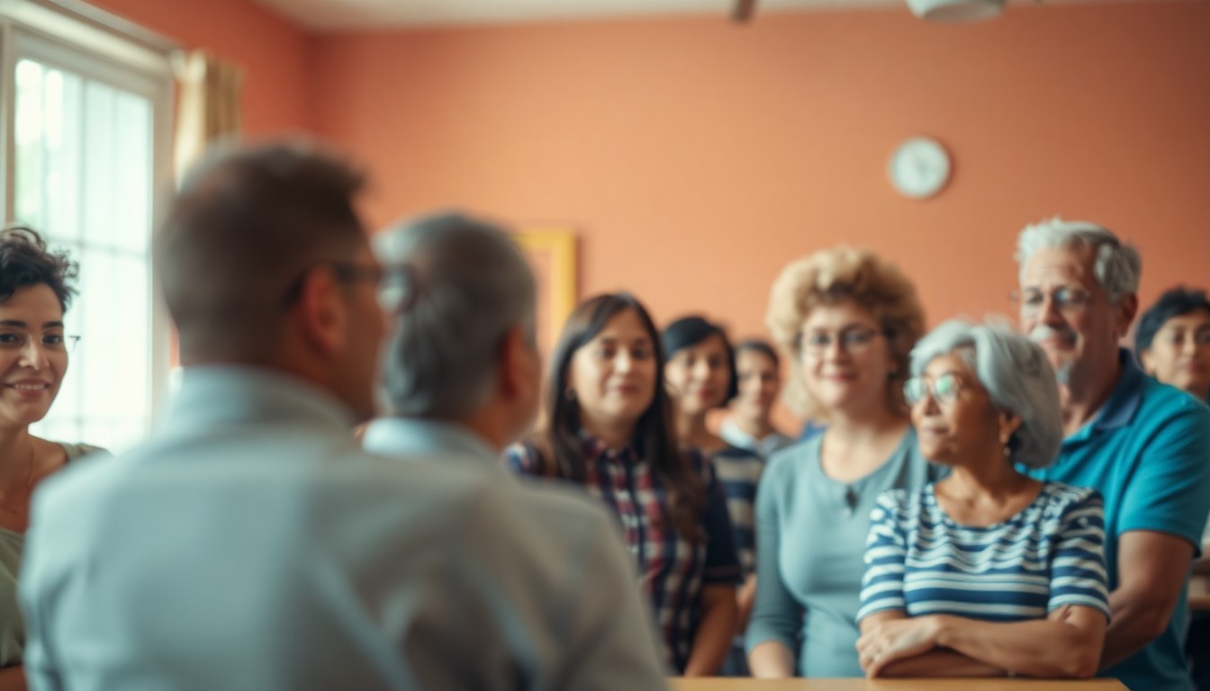 An abstract, out-of-focus photograph depicting a group of people in a community setting, conveying a sense of togetherness and awareness around fraud prevention.