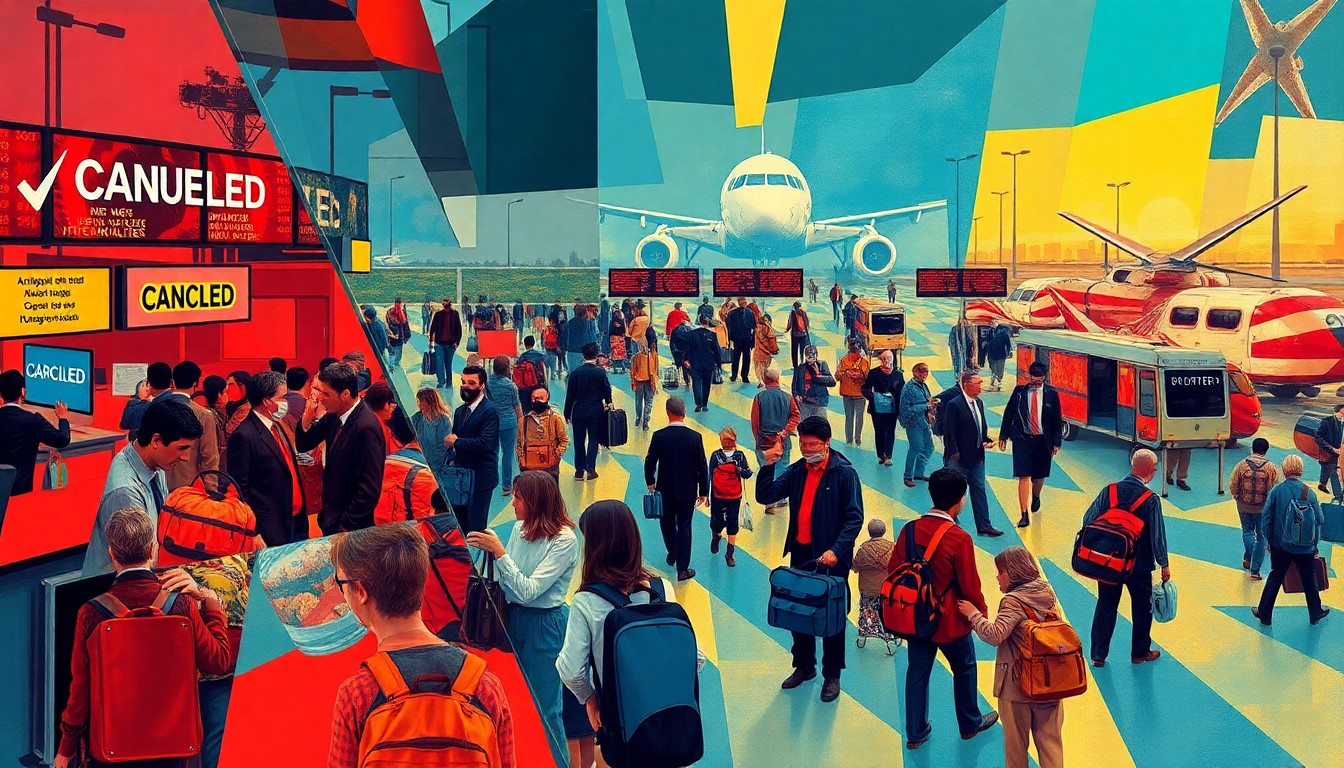 A fractured, abstract painting depicting the chaotic scene of an airport during a geopolitical crisis, with overlapping images of travelers, flight boards, and military vehicles conveying a sense of urgency and disruption.