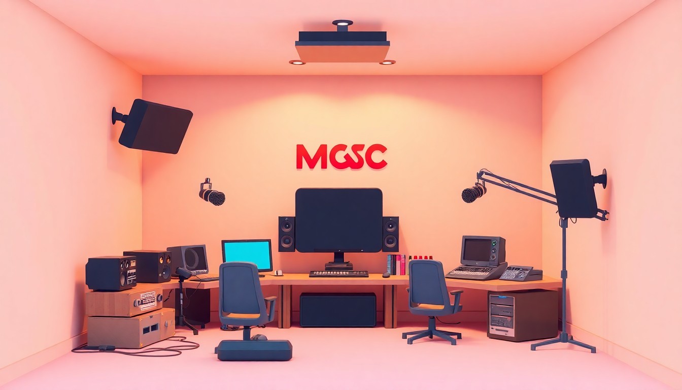 A minimalist, isometric 3D illustration depicting a stylized radio studio with mixing consoles, microphones, and other equipment, representing the modern, community-focused radio experience that MSC Radio Group aims to create in Topeka.