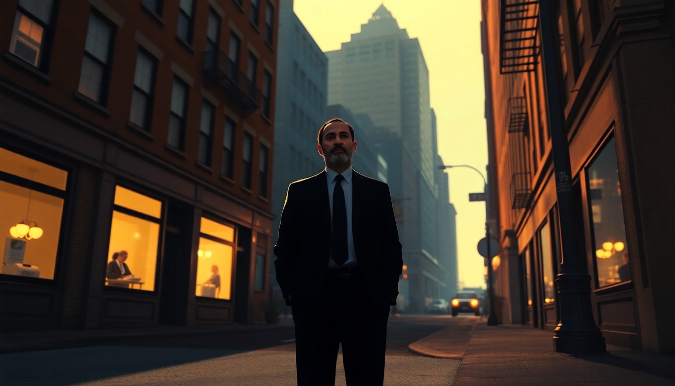 A cinematic painting of a solitary figure standing on a city street corner, the warm light and deep shadows creating a contemplative, nostalgic mood that reflects the complexities of Mamdani's tenure as New York's first Muslim mayor.
