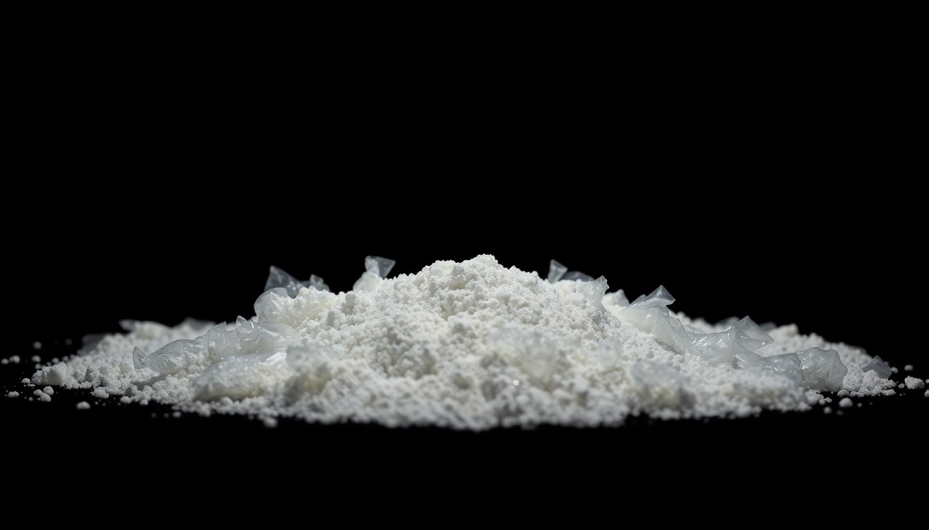 An extreme close-up photograph of a pile of small plastic bags containing white powder, lit by a harsh, direct camera flash against a pitch-black background, conceptually illustrating the discovery of illicit drugs in a social worker's possession.