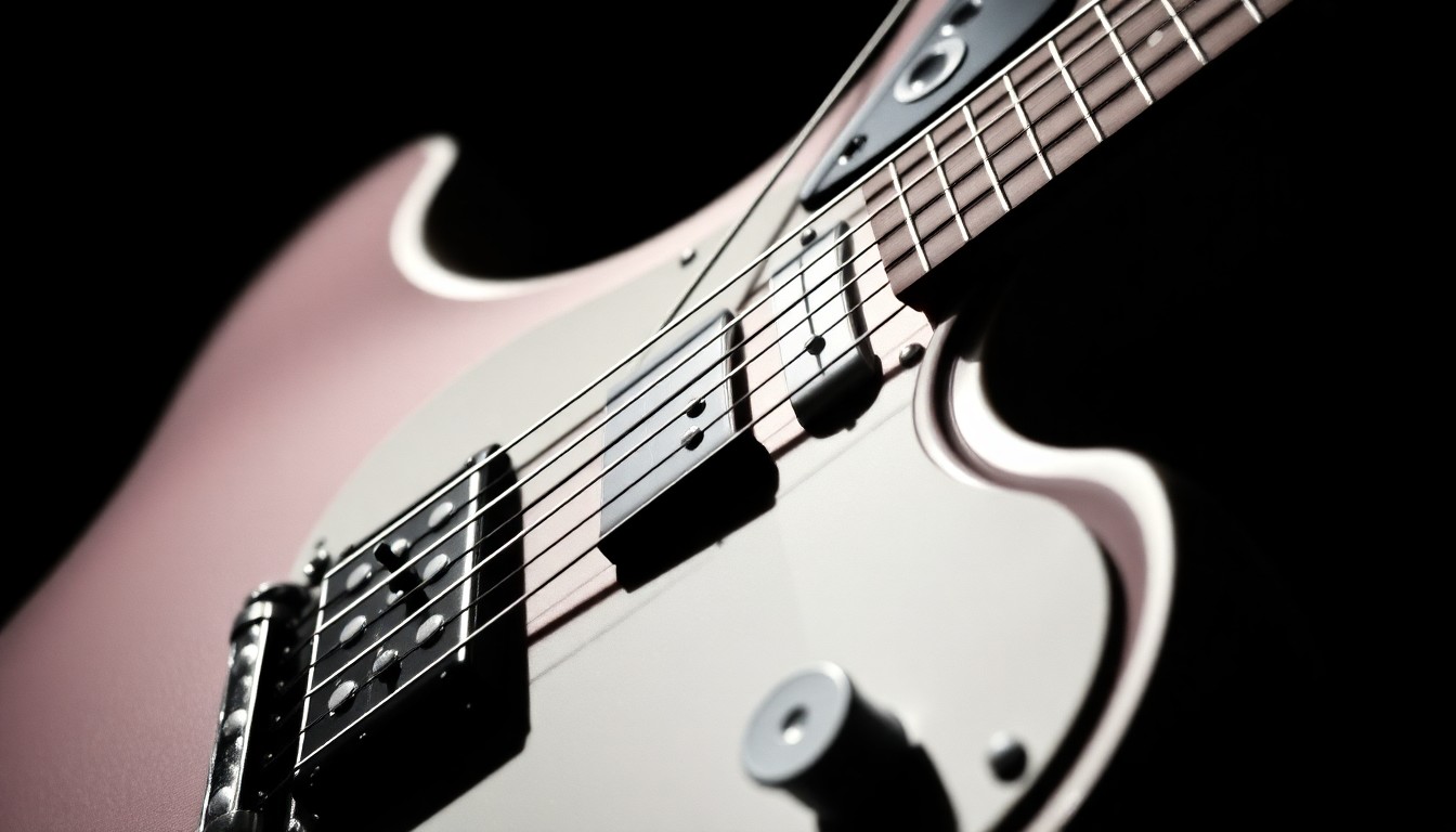 An extreme close-up photograph of the intricate textures and details of Andy Summers' guitar, captured in dramatic, high-contrast studio lighting to create a glamorous, high-fashion aesthetic.
