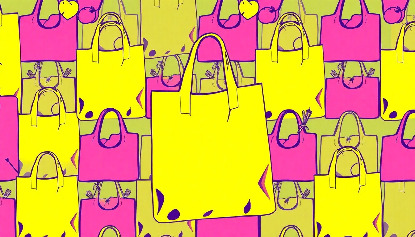 A brightly colored, high-contrast silkscreen print of a reusable grocery bag repeated in a tight grid pattern, conceptually representing the iconic natural foods store's 50 years of community-driven retail.