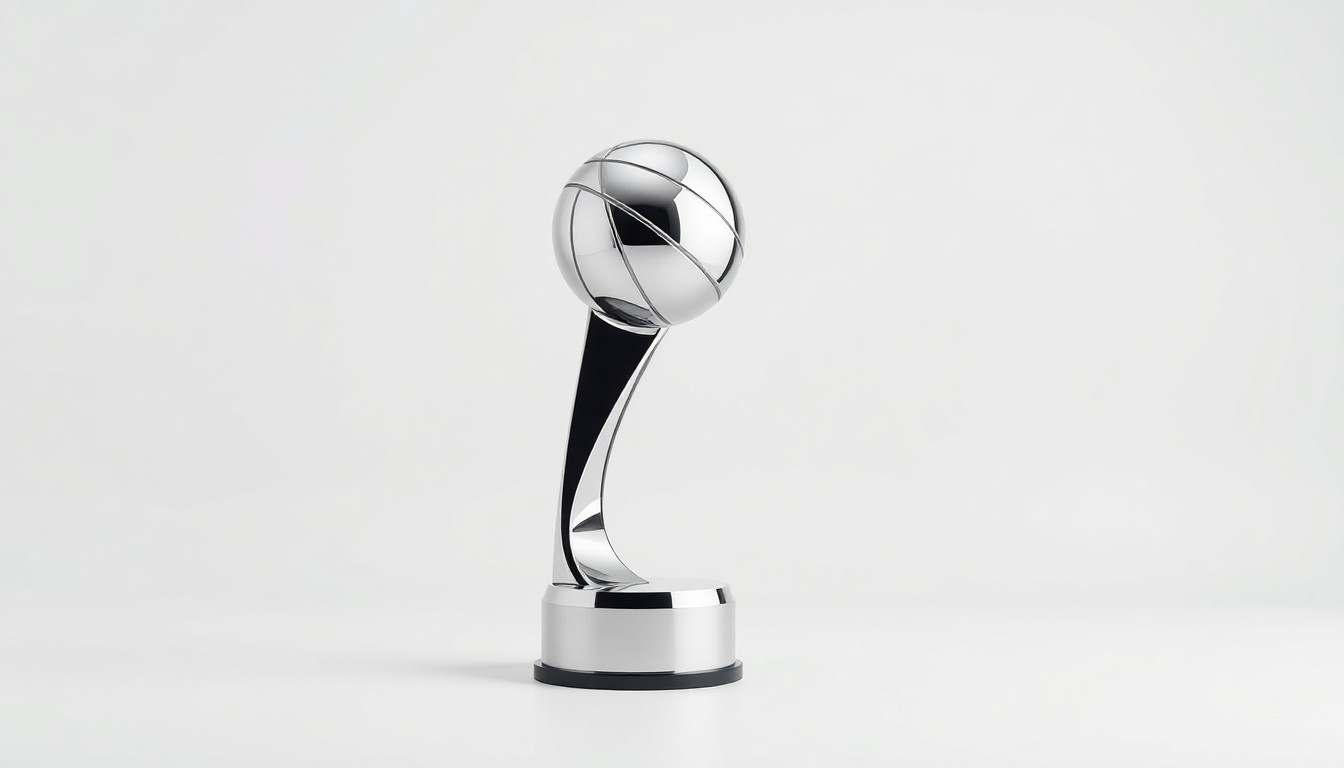 A high-end, photorealistic studio still-life photograph featuring a sleek, modern basketball trophy made of polished chrome, resting on a clean, monochromatic seamless background, symbolizing the Lakers' legacy of excellence and the new focus on elevating the fan experience and driving business growth.