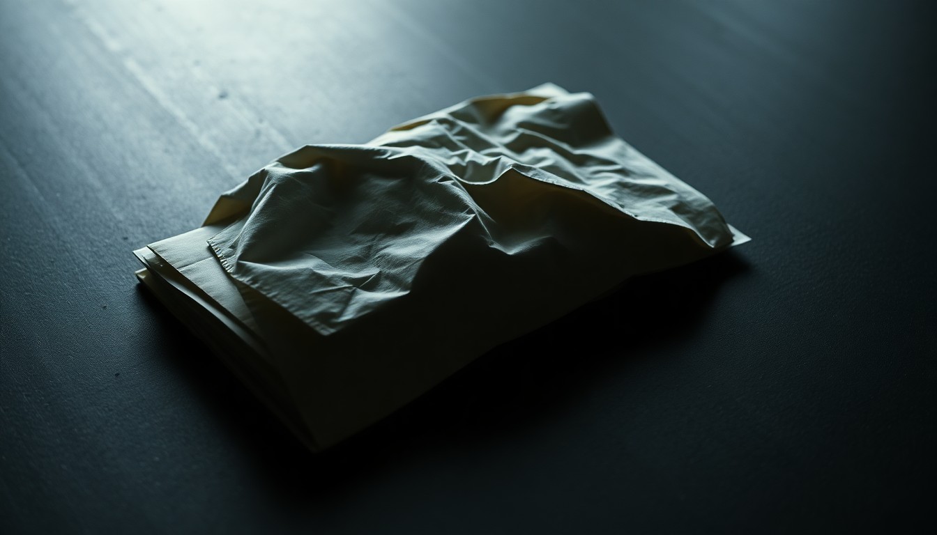 An extreme close-up photograph of a crumpled notebook on a dark surface, lit by a harsh, direct camera flash, conceptually representing the tension and disruption caused by an incident of student violence against a teacher.