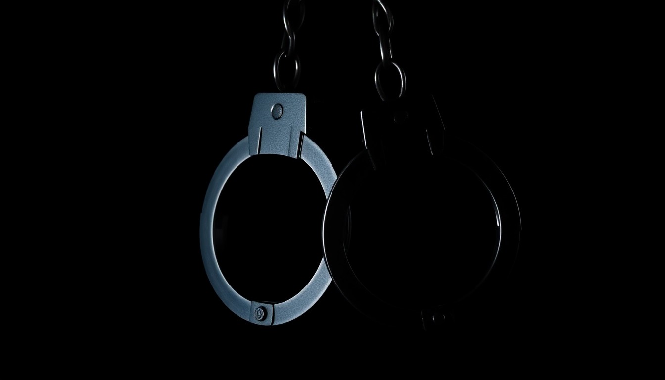An extreme close-up of a pair of metal police handcuffs, the harsh flash lighting casting dramatic shadows and highlighting the textured surface, conceptually representing the tense conclusion of a dangerous pursuit.