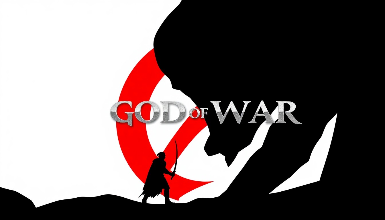 A bold, abstract illustration featuring jagged geometric shapes and stark black silhouettes, capturing the epic scale and intensity of the 'God of War' series.