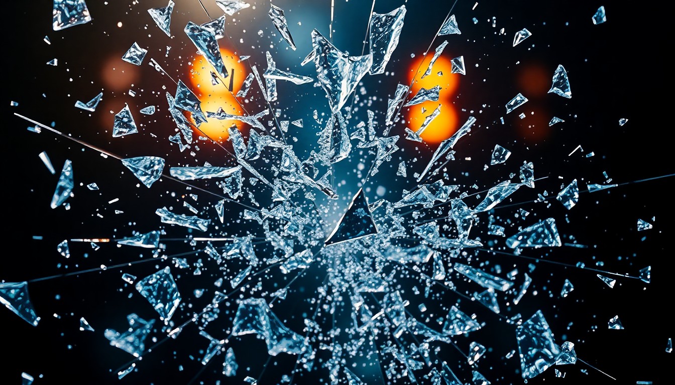 An abstract close-up image of shattered glass and glittering shards, captured in dramatic studio lighting to evoke the high-stakes, high-drama world of first responder television shows.