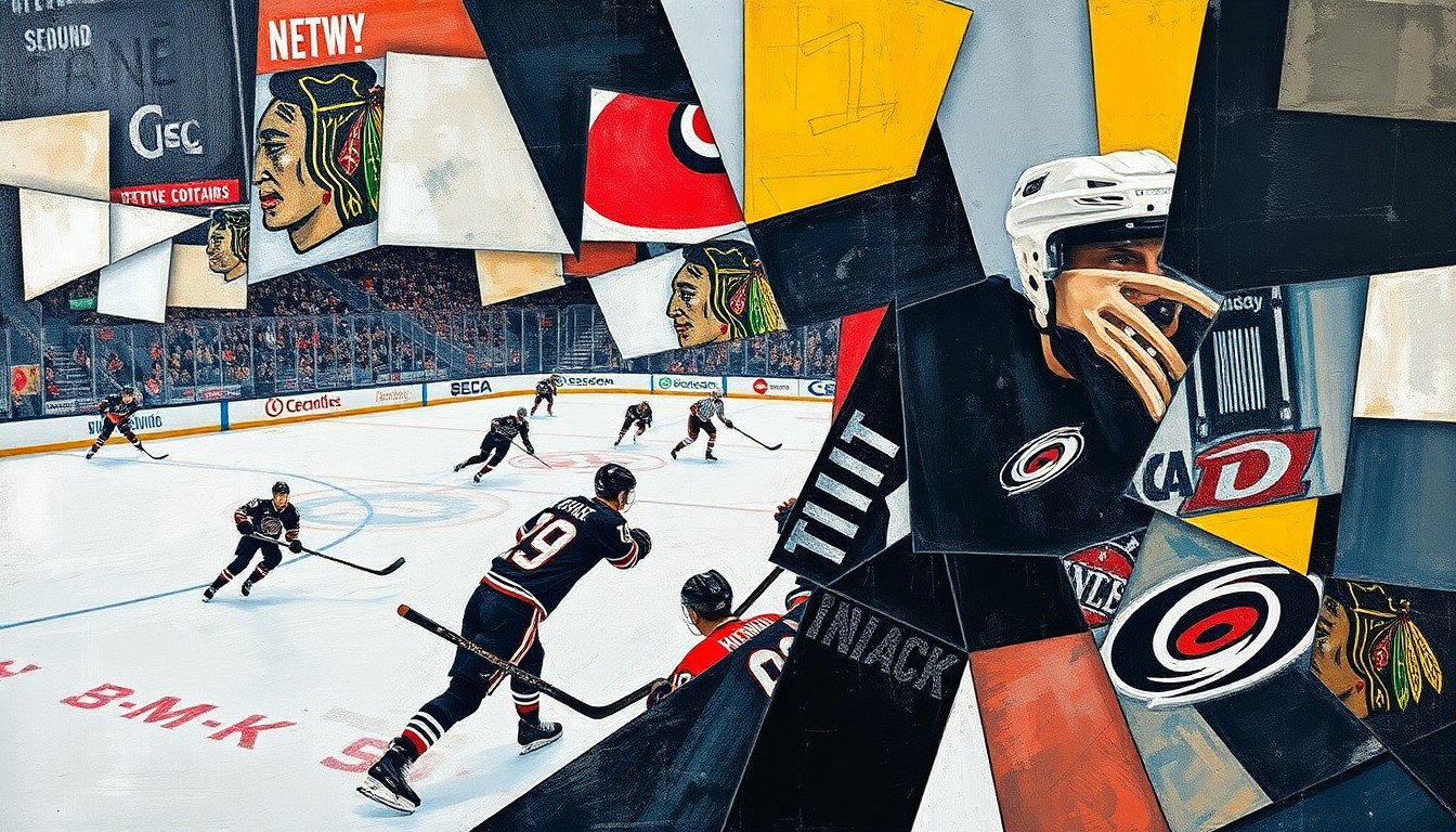 A fragmented, geometric painting depicting a hockey game, with sharp, overlapping planes of color and form representing the Blackhawks' and Hurricanes' players and movements on the ice.