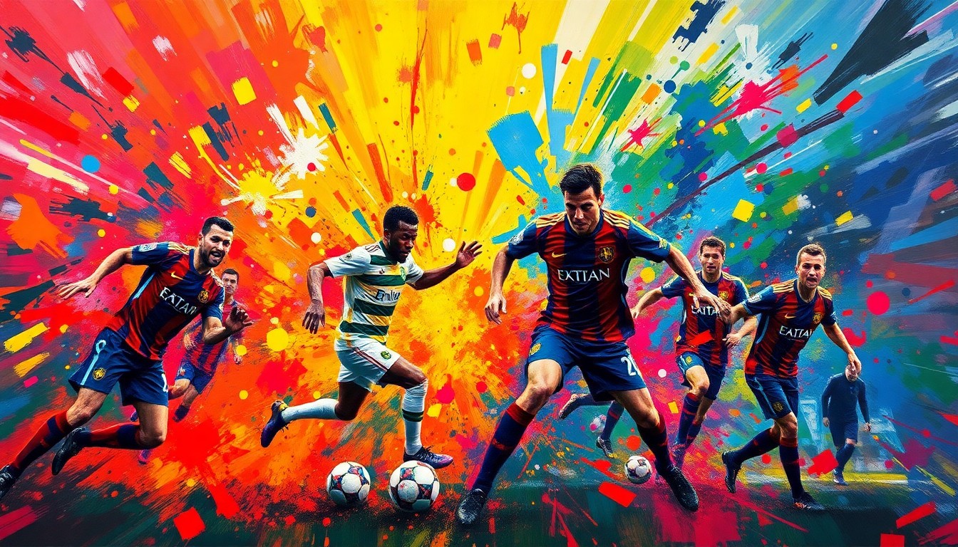 An abstract, expressionist painting featuring vibrant brushstrokes of neon colors that capture the dynamic energy and movement of a professional football match.