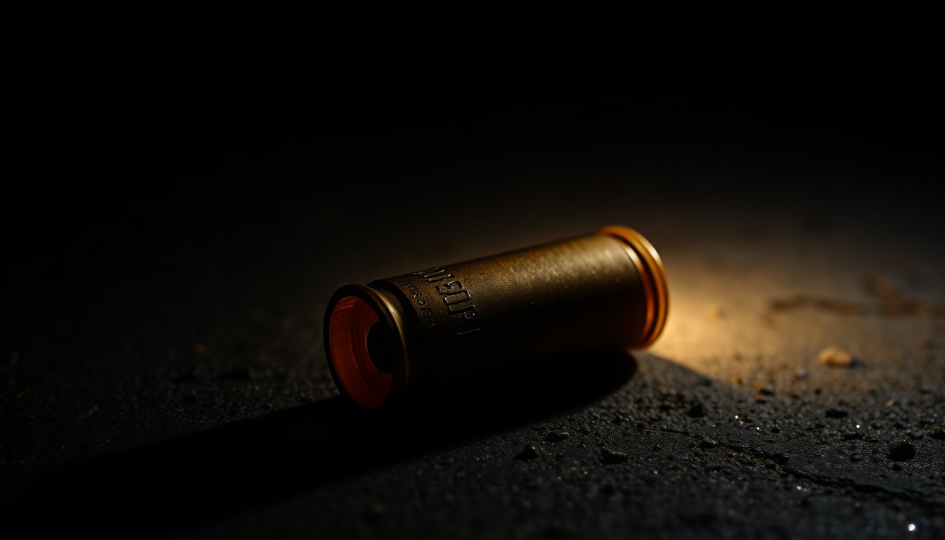 An extreme close-up photograph of a single spent shell casing on a dark concrete surface, capturing the stark, gritty aftermath of a violent incident.
