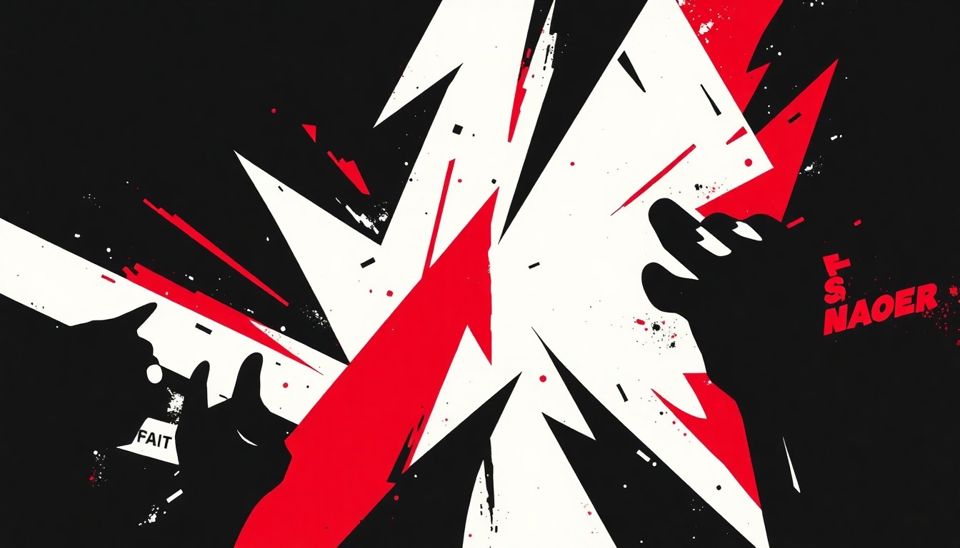 A dynamic, abstract composition of bold, angular shapes in black, white, and red, conveying the energy and urgency of protest art and community-driven printmaking.