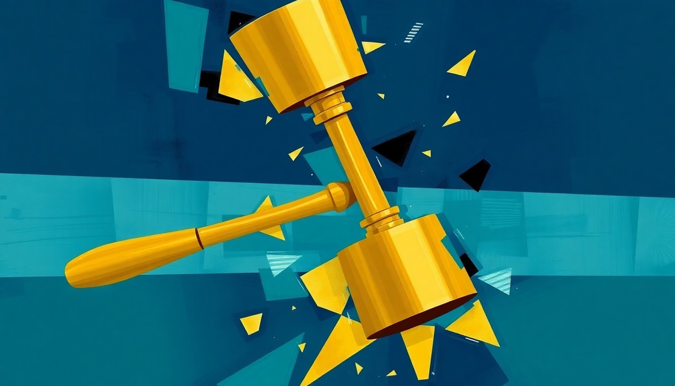 A fractured, abstract painting in shades of navy, teal, and gold depicting a gavel or other political symbol, conveying a sense of motion and instability through the overlapping, geometric brushstrokes.