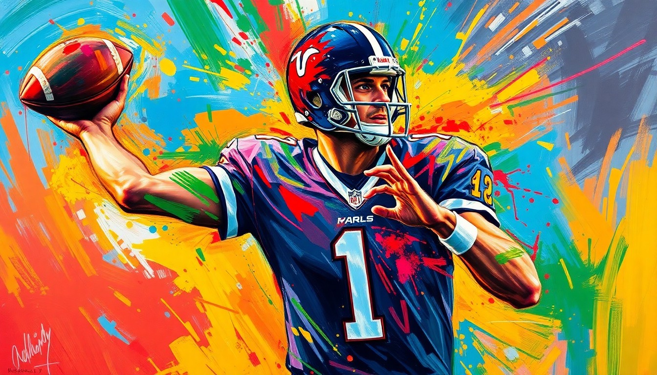 An abstract, energetic painting featuring bold brushstrokes of neon colors representing the motion and intensity of a quarterback's passing action, with the player's features obscured.
