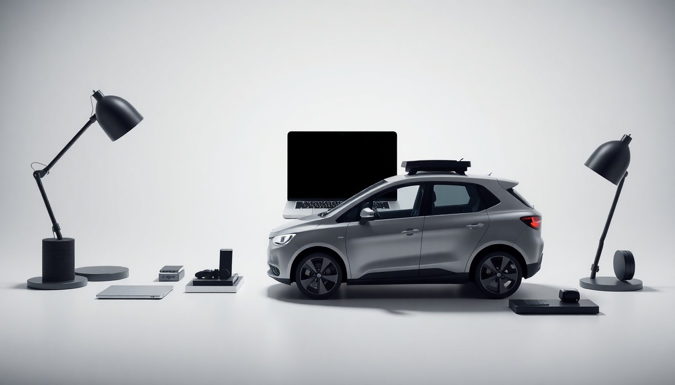 A high-end, photorealistic studio still-life photograph featuring a sleek desk with a laptop, a stylized model of a self-driving car, and other premium office accessories, conceptually representing Uber's corporate expansion in the Puget Sound region.