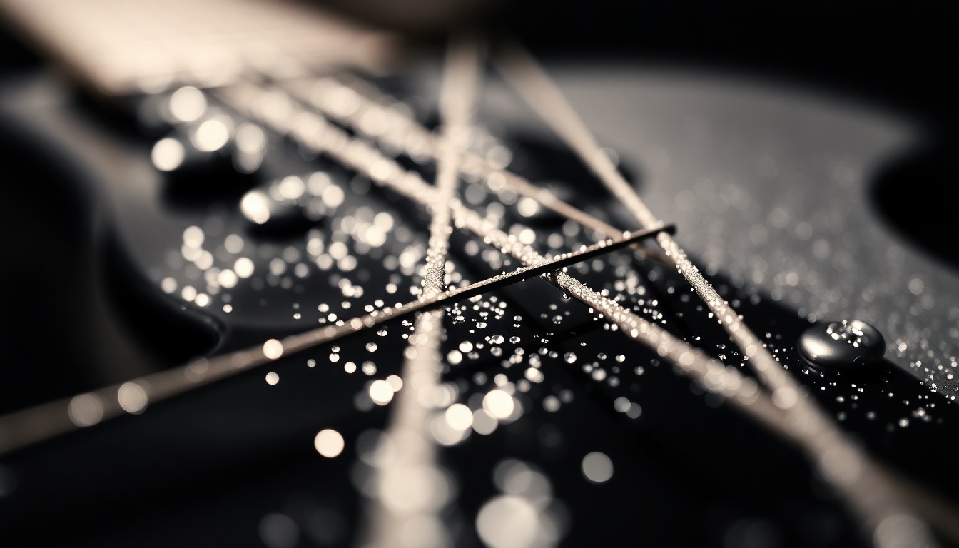 An extreme close-up of shimmering, glittering guitar strings captured in dramatic, high-contrast studio lighting, conceptually representing the blend of expansive and intimate elements in Friko's new album.