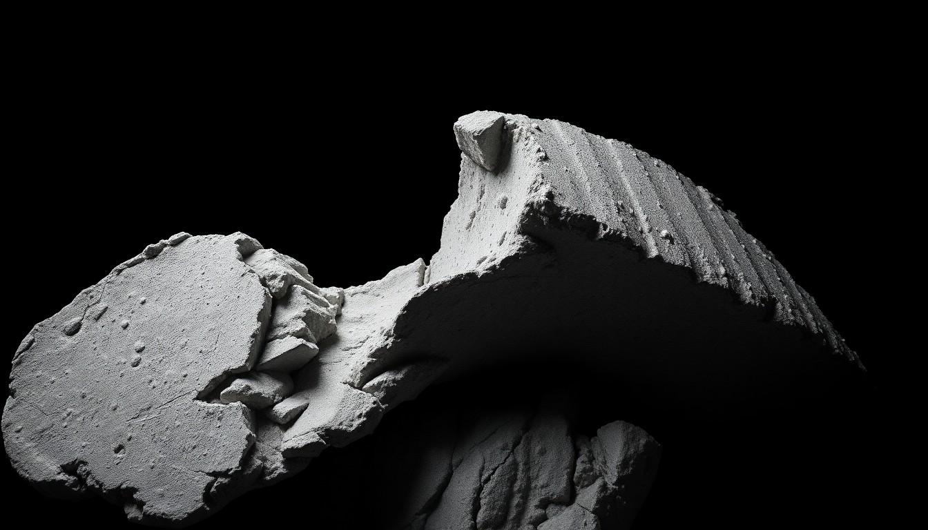 An extreme close-up of a crumpled, twisted piece of precast concrete, conceptually illustrating the aftermath of the parking garage collapse.