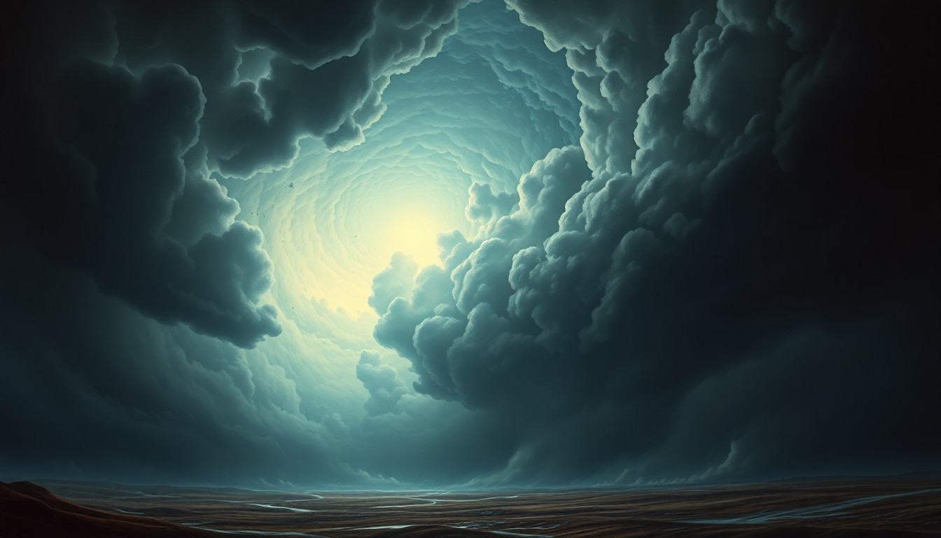 A vast, atmospheric landscape painting depicting a massive hurricane system dominating the horizon, with dramatic clouds and turbulent lighting obscuring the scale of the natural disaster.