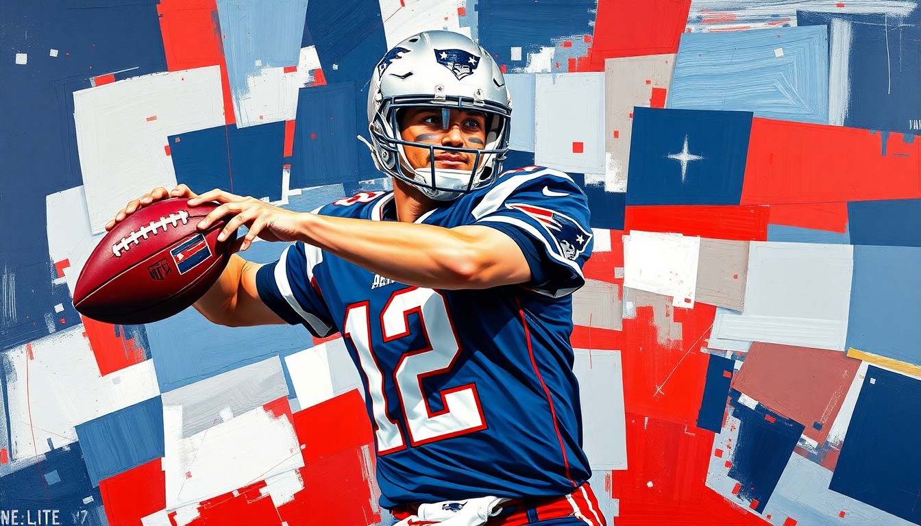 A cubist, geometric painting depicting a football quarterback's throwing motion broken down into overlapping planes of navy blue, red, and silver, representing the innovative offensive system that has propelled Drake Maye's rapid rise to stardom.