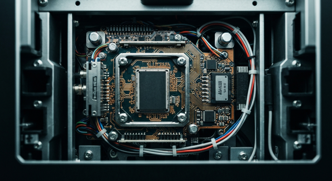 An extreme close-up of the intricate inner workings of a Bitcoin ATM machine, with its circuit boards, wires, and mechanical components filling the frame, conveying the heavy, physical infrastructure that powers the digital asset economy.