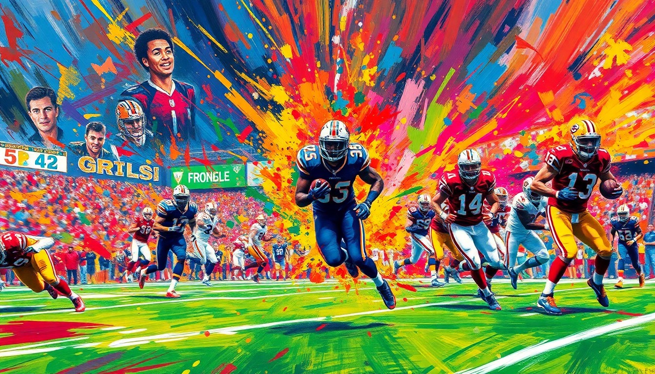An abstract, expressionist painting in vibrant neon colors depicting the dynamic energy and scoring plays of an NFL football game, with players' forms dissolving into colorful brushstrokes.
