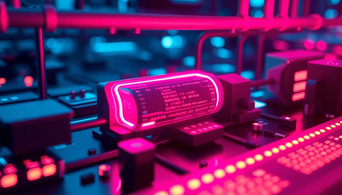 A highly detailed, glowing 3D illustration of various cybernetic hardware components, including circuit boards, processors, and cables, all illuminated by vibrant neon cyan and magenta lights, conceptually representing the complex digital infrastructure underlying AI agent security.