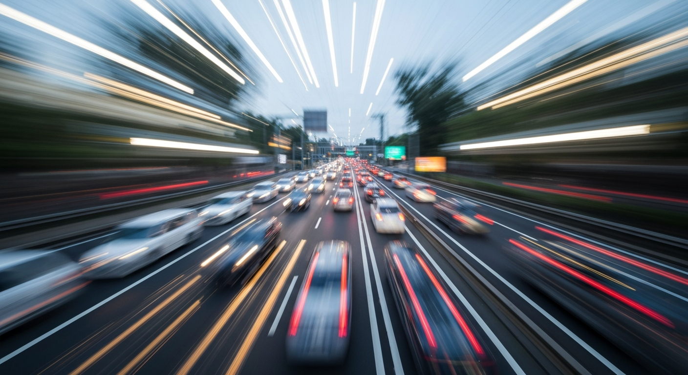 An abstract, blurred image of a congested highway scene, with vibrant streaks of color and motion conveying the chaos of heavy traffic.