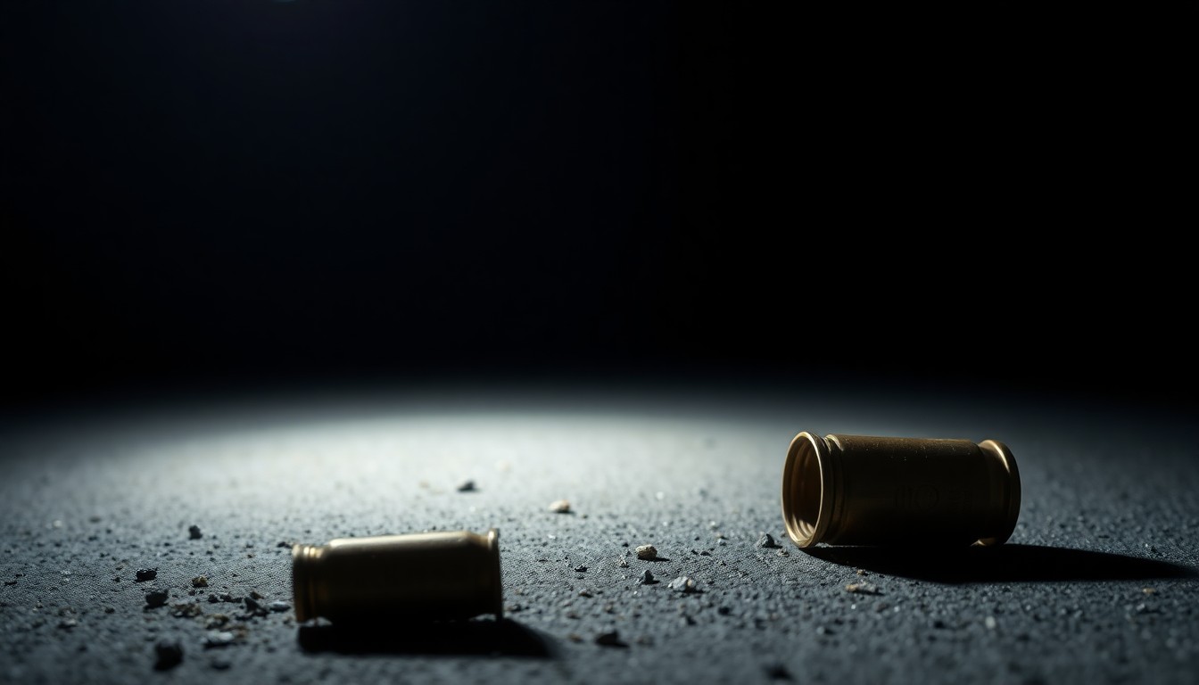 An extreme close-up photograph of a single spent shell casing lying on the ground, conceptually illustrating the aftermath of a shooting incident.