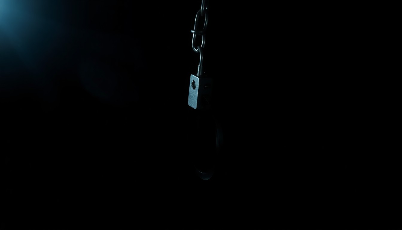 An extreme close-up photograph of a single handcuff, lit by a harsh, direct camera flash against a pitch-black background, conceptually representing the grim reality of a violent crime.