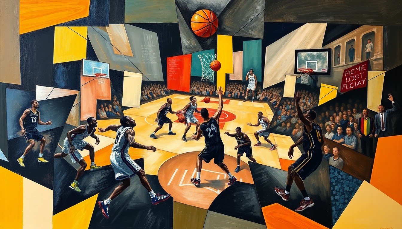 A fragmented, geometric painting depicting a basketball game, with players' figures broken down into sharp, overlapping planes of color and form, capturing the dynamism and intensity of the match.