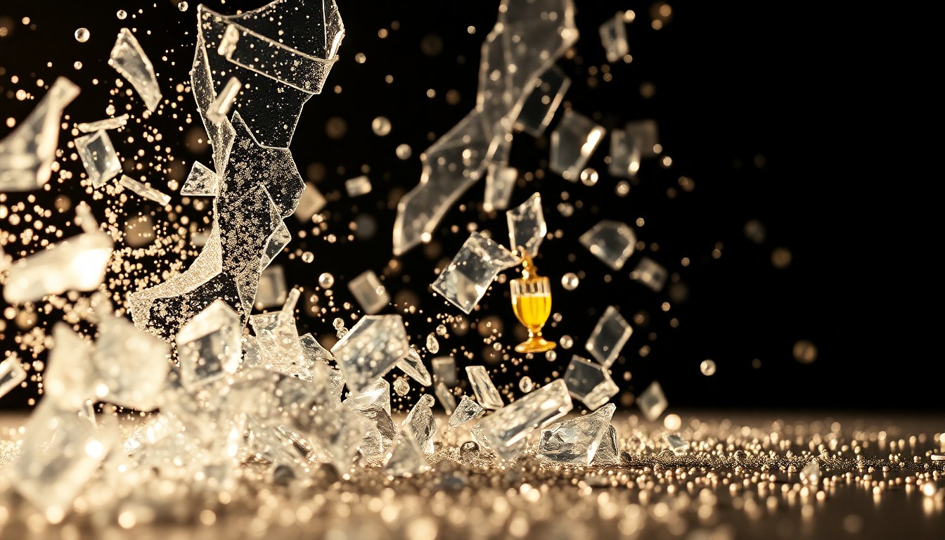 An abstract close-up image featuring shattered glass and glittering sequins, conveying the idea of controversy and drama surrounding a public figure.