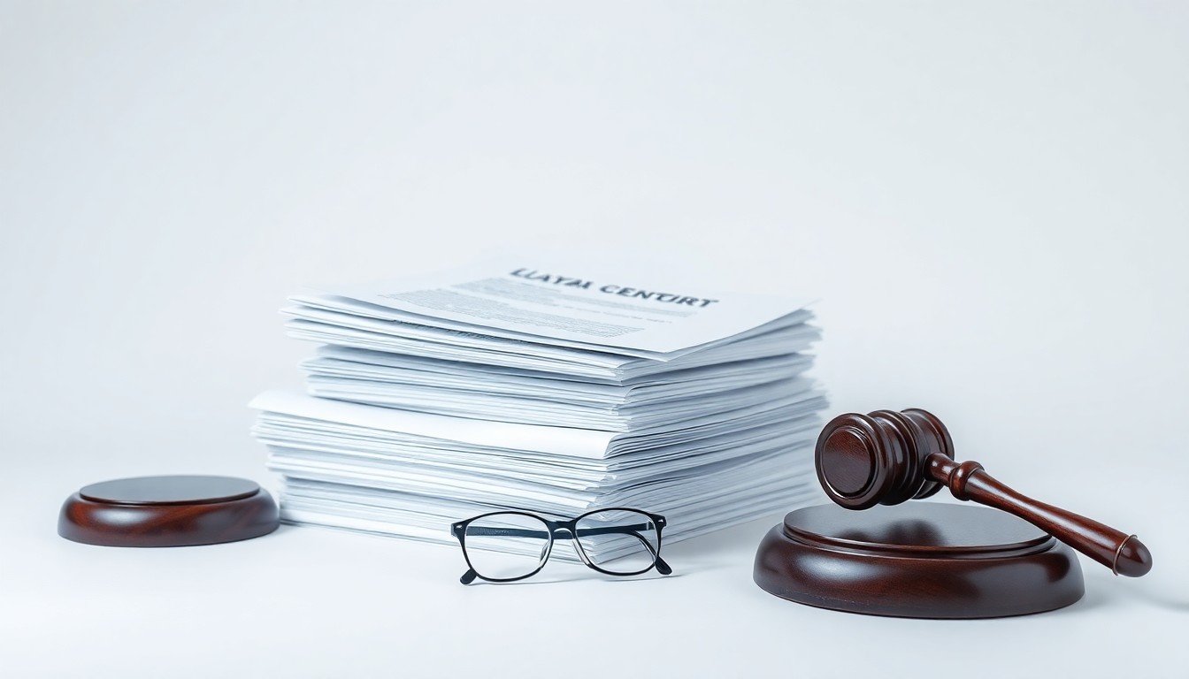 A photorealistic studio still-life featuring a stack of official documents, a gavel, and a pair of reading glasses, conceptually representing the legal battle over a proposed data center project.
