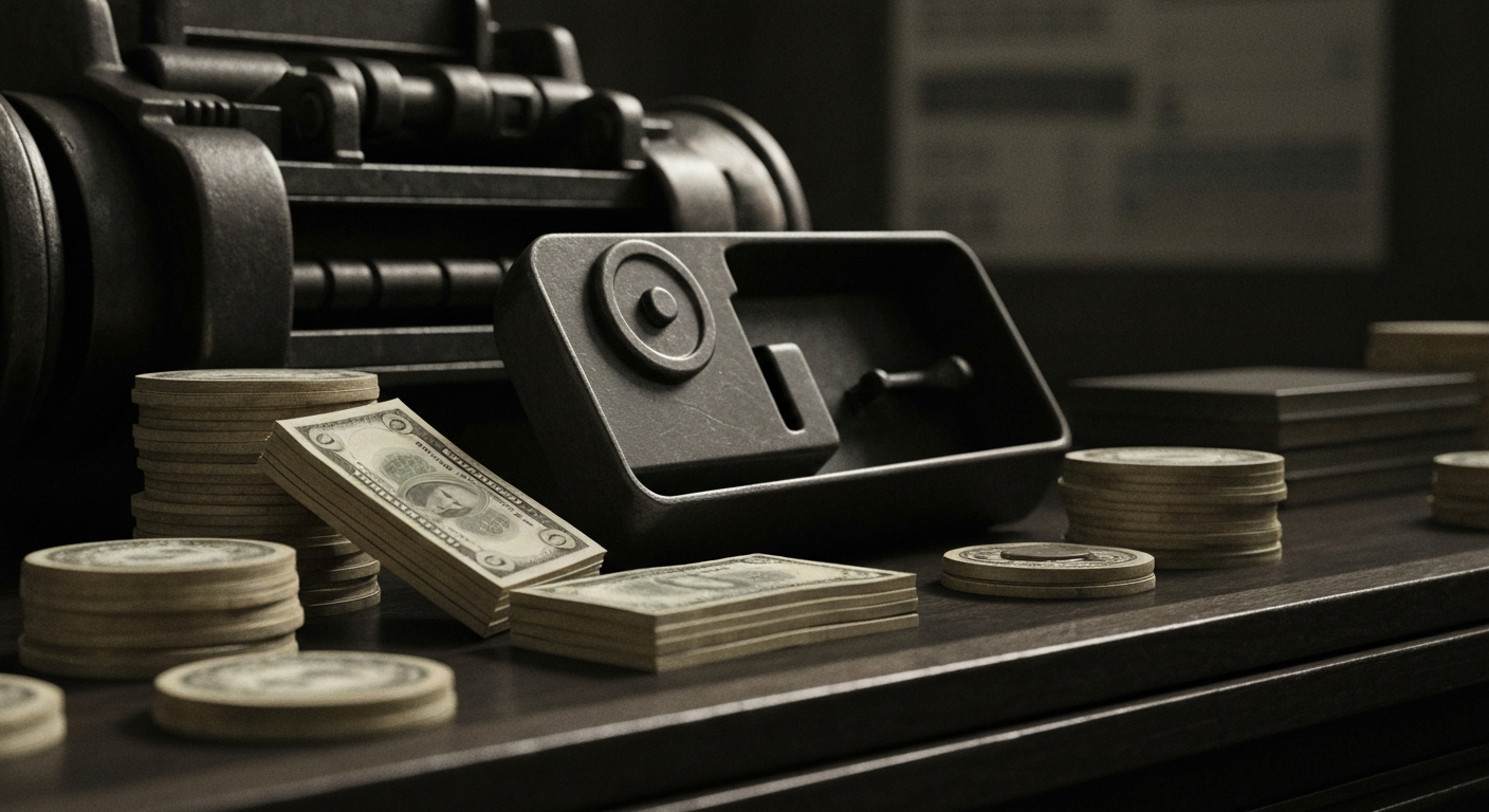 An extreme close-up of various gears, levers, and metal components of a large banking machine, conveying the intricate, industrial nature of modern finance.