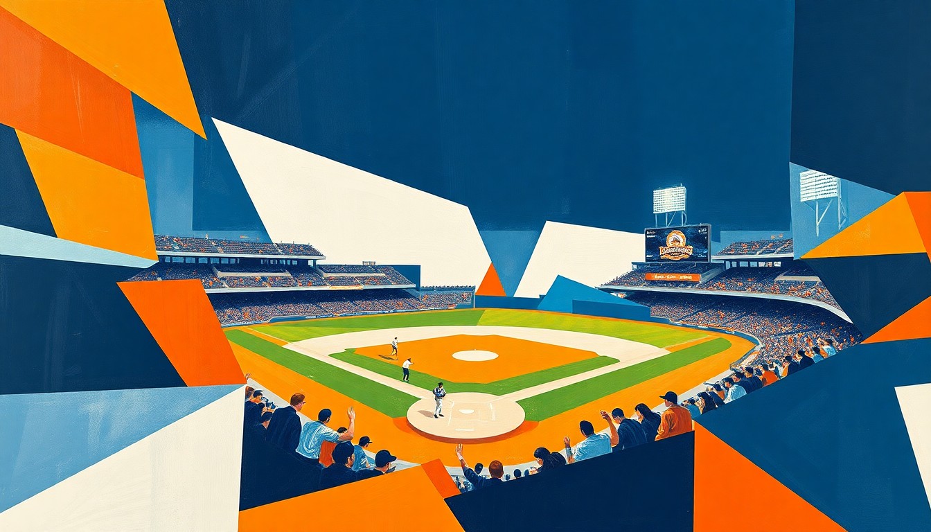 A cubist-style painting depicting a college baseball game broken down into sharp, overlapping geometric shapes in navy blue, orange, and white, conveying the strategic tension and competitive energy of the matchup between Auburn and Kentucky.