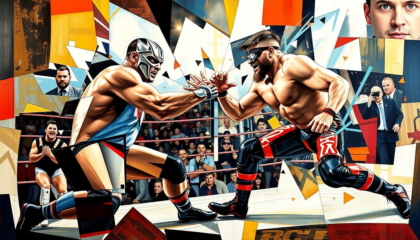 A cubist, geometric painting depicting the intensity of a wrestling match between Cody Rhodes and Randy Orton, with fragmented shapes and forms representing the presence of Pat McAfee.