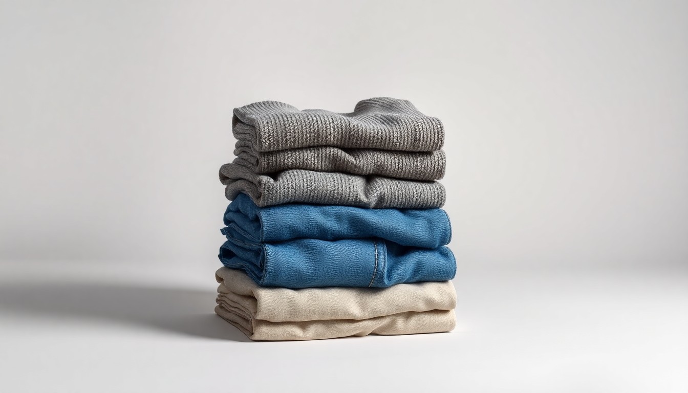 A high-end, photorealistic studio still-life photograph featuring a neatly folded stack of discount clothing items, such as a sweater and pair of jeans, arranged elegantly on a clean, monochromatic seamless background. The objects are made from polished raw materials and clean geometric shapes, using sharp, dramatic studio lighting and deep shadows to represent the abstract concepts of retail strategy, consumer trends, and the changing urban landscape.