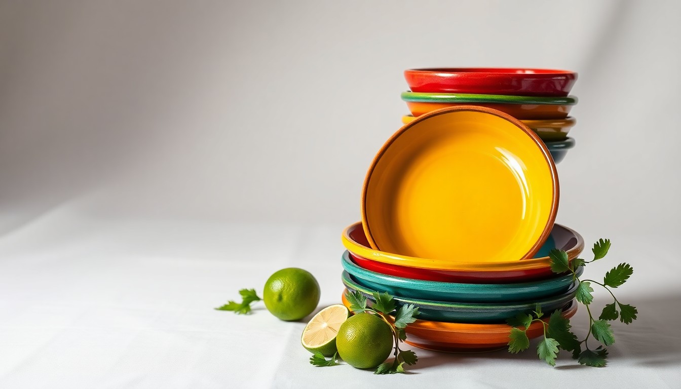 A high-end, photorealistic studio still-life photograph featuring a stack of colorful, handcrafted Mexican ceramic plates and bowls, along with fresh limes and cilantro, arranged elegantly on a clean, white background with dramatic lighting and shadows.