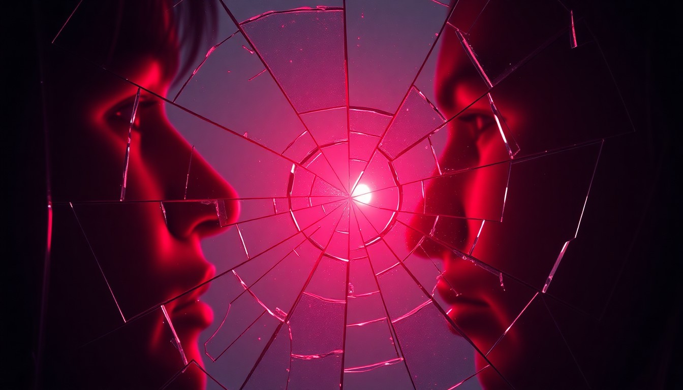 An abstract close-up of shattered glass reflecting a faint red glow, conveying a sense of tension and conflict through the use of dramatic lighting and textures.