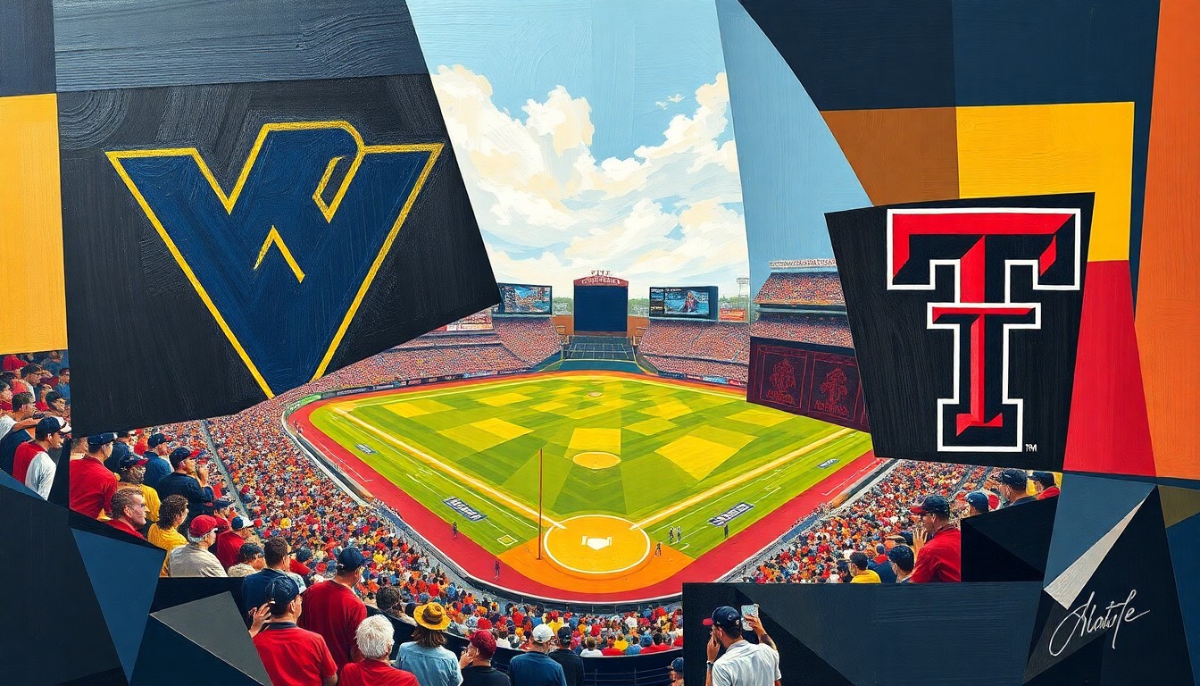 A cubist, geometric painting depicting a college baseball game, with the players and field broken down into sharp, overlapping planes of navy blue, gold, scarlet, and black, capturing the intensity and energy of the matchup.