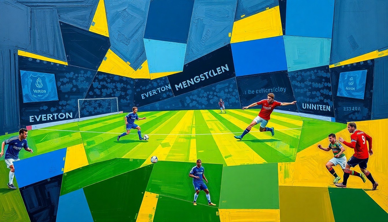 A cubist-style painting depicting a soccer match or competition, with sharp geometric shapes and planes in navy blue, royal blue, and gold, conveying the dynamic energy and strategic nature of the sport.
