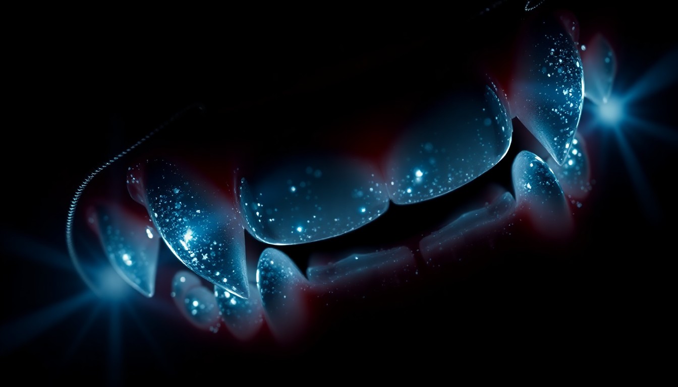 An abstract close-up photograph of sharp, gleaming vampire fangs emerging from a dark, shadowy background, conveying the high-contrast glamour and mystery of the undead.