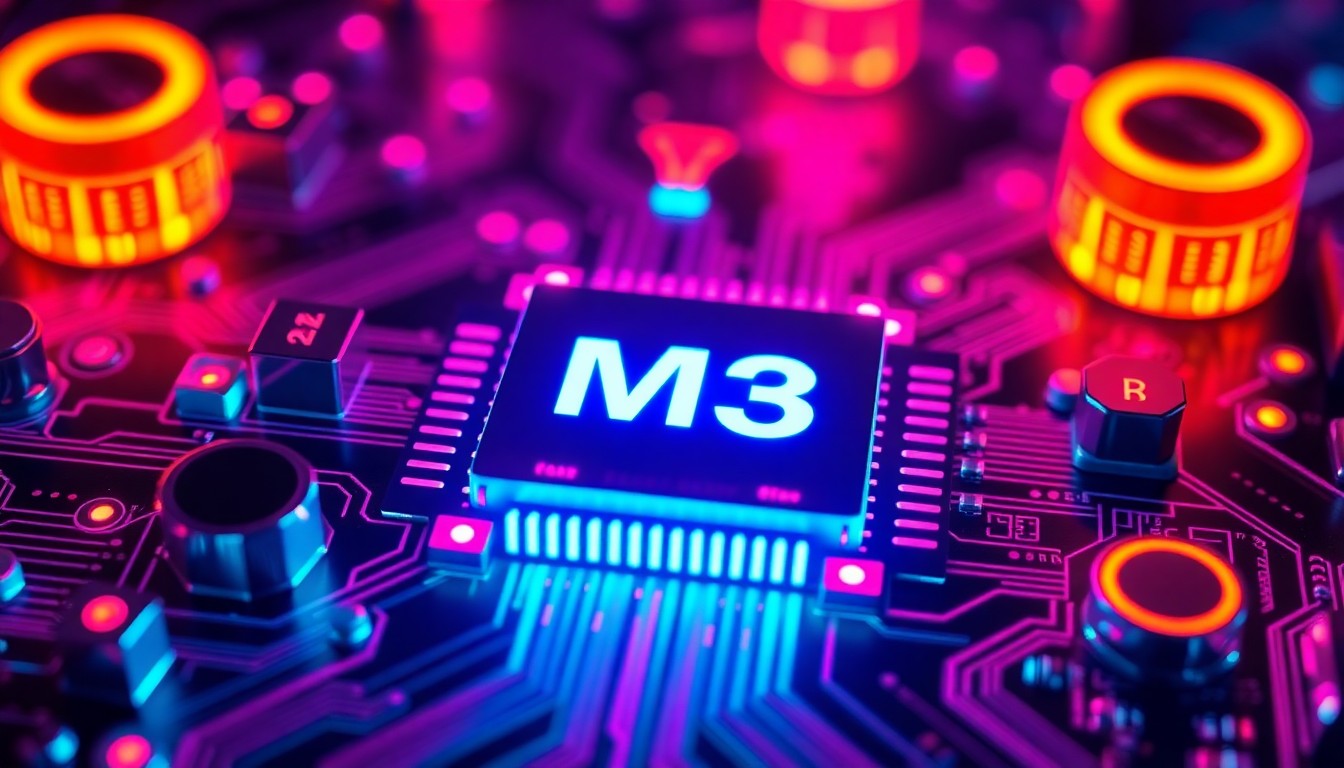 A highly detailed, glowing 3D illustration of a futuristic security chip or circuit board, with intricate components and patterns illuminated by vibrant neon lights, conceptually representing the advanced security features of the Titan M3 coprocessor.