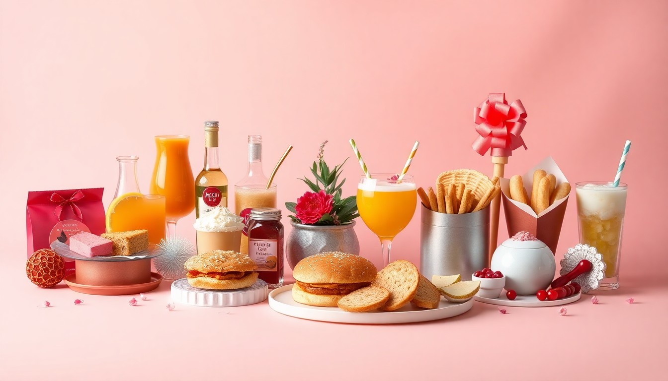 A high-end, photorealistic studio still-life photograph featuring a collection of premium, polished objects arranged elegantly on a clean, monochromatic background, symbolizing the diverse array of festival-themed offerings created by Macon's local businesses.