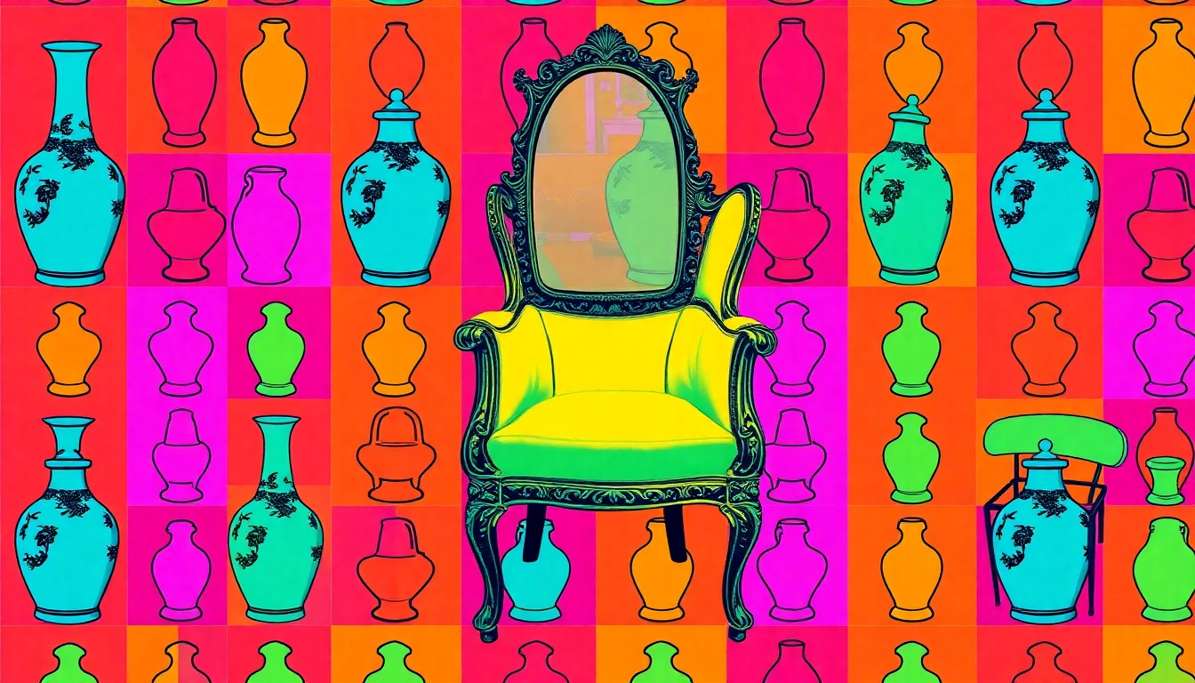 A brightly colored, high-contrast silkscreen print of a vintage upholstered chair repeated in a grid, conceptually representing the expert advice on investing in quality antique furniture.