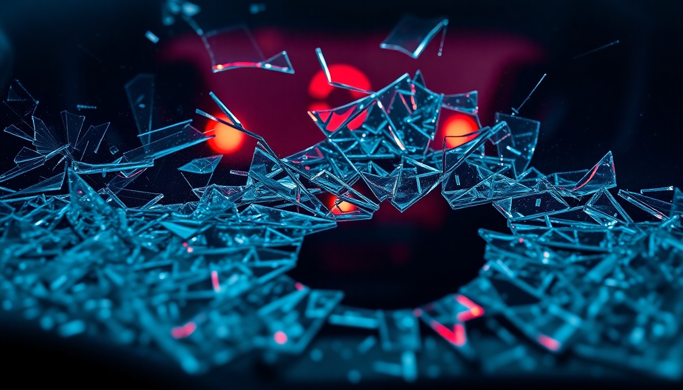 An extreme close-up photograph of a shattered car windshield, with the jagged glass fragments reflecting a faint red light, conceptually representing the devastating impact of a fatal collision.
