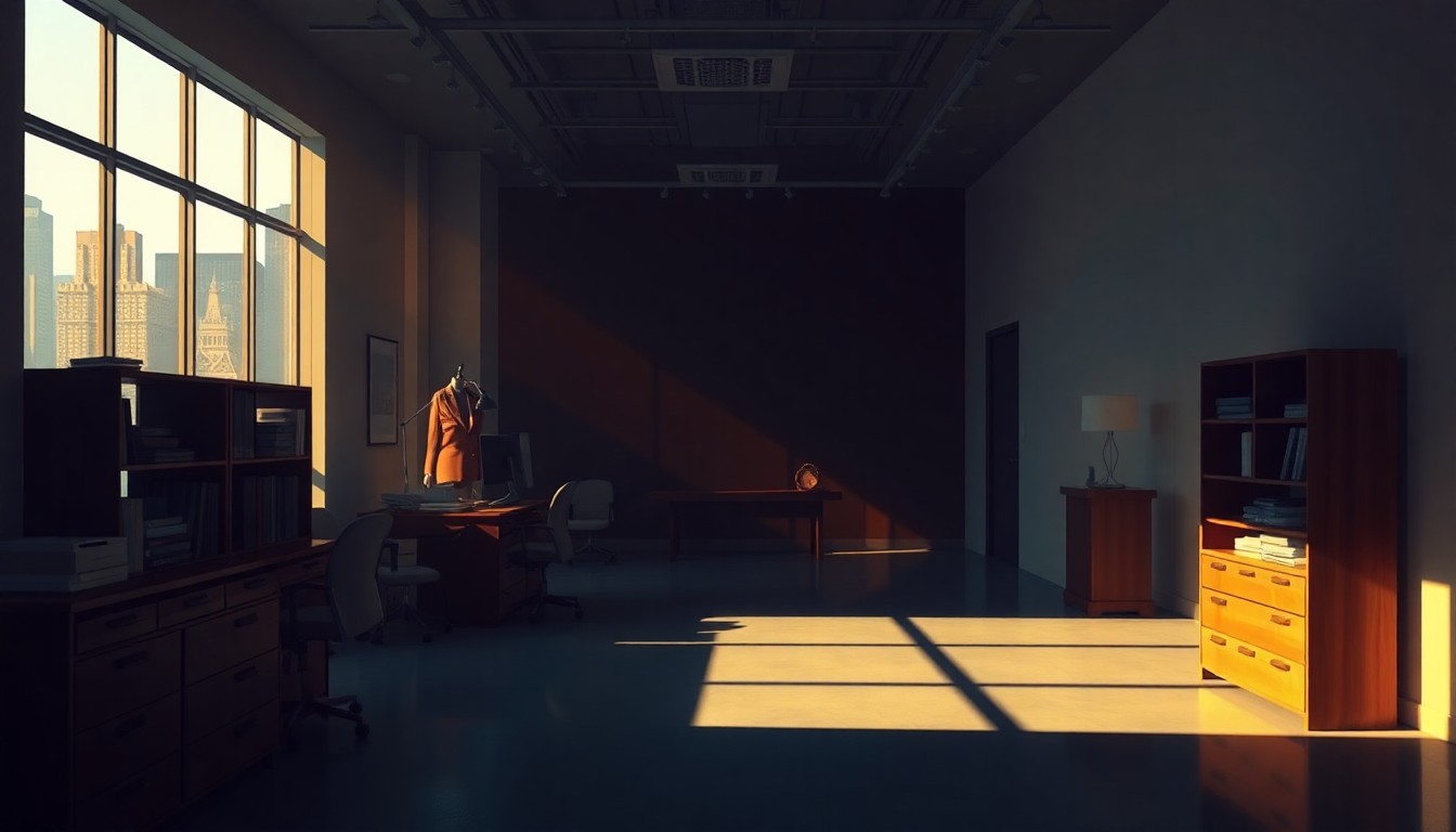 A dimly lit, cinematic painting of an empty modeling agency office space, with warm sunlight streaming in through the windows and deep shadows cast across the room, evoking a sense of nostalgia and the intersection of fashion, wealth, and Manhattan nightlife.