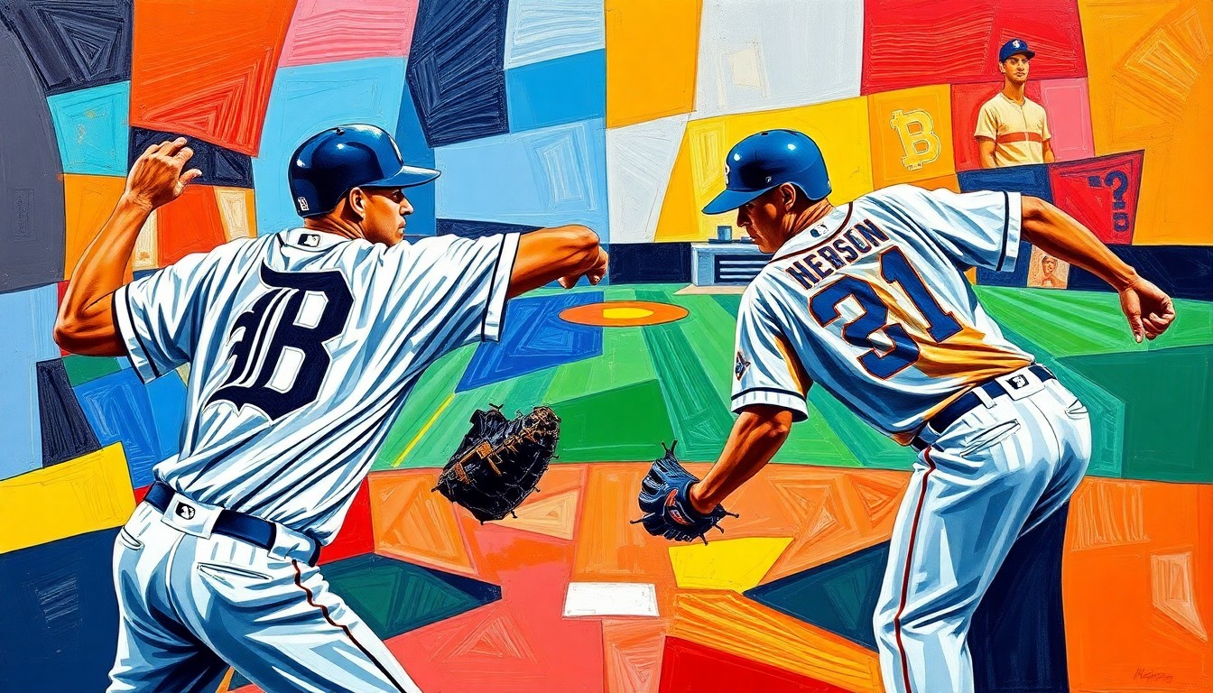 A cubist-style painting depicting a baseball pitcher in motion, with the player's form fractured into sharp, overlapping geometric shapes in shades of orange, navy blue, and white, representing the colors of the Detroit Tigers and Houston Astros uniforms.